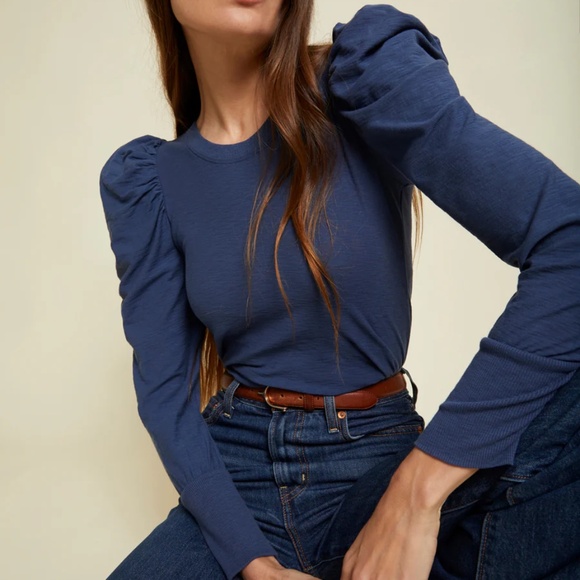 Nation LTD Romy Modest Long Puff Sleeve Tee in Ocean Blue Sz M - Picture 1 of 7